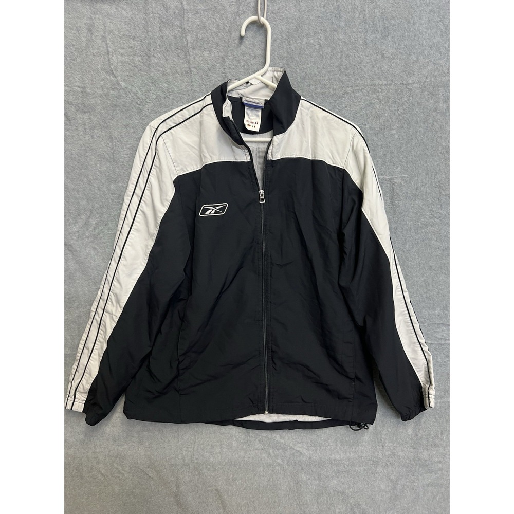 Reebok Mens Track Jacket Black White Colorblock Full Zip Windbreaker Large L